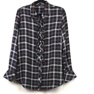Peruvian Connection Ruffled Button Front Plaid Shirt Top Size M